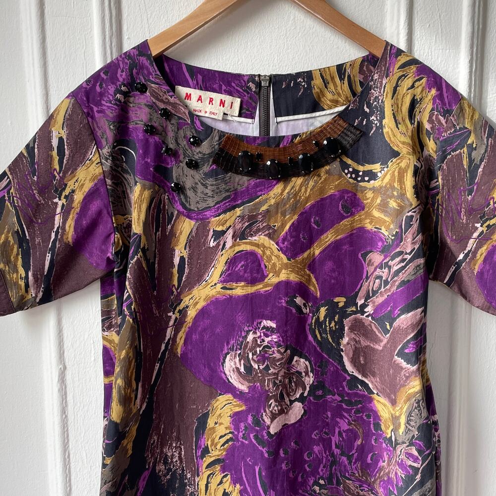 Marni Cotton Abstract Purple Floral Mini Dress Jeweled Neck size 38 Shift Sheath